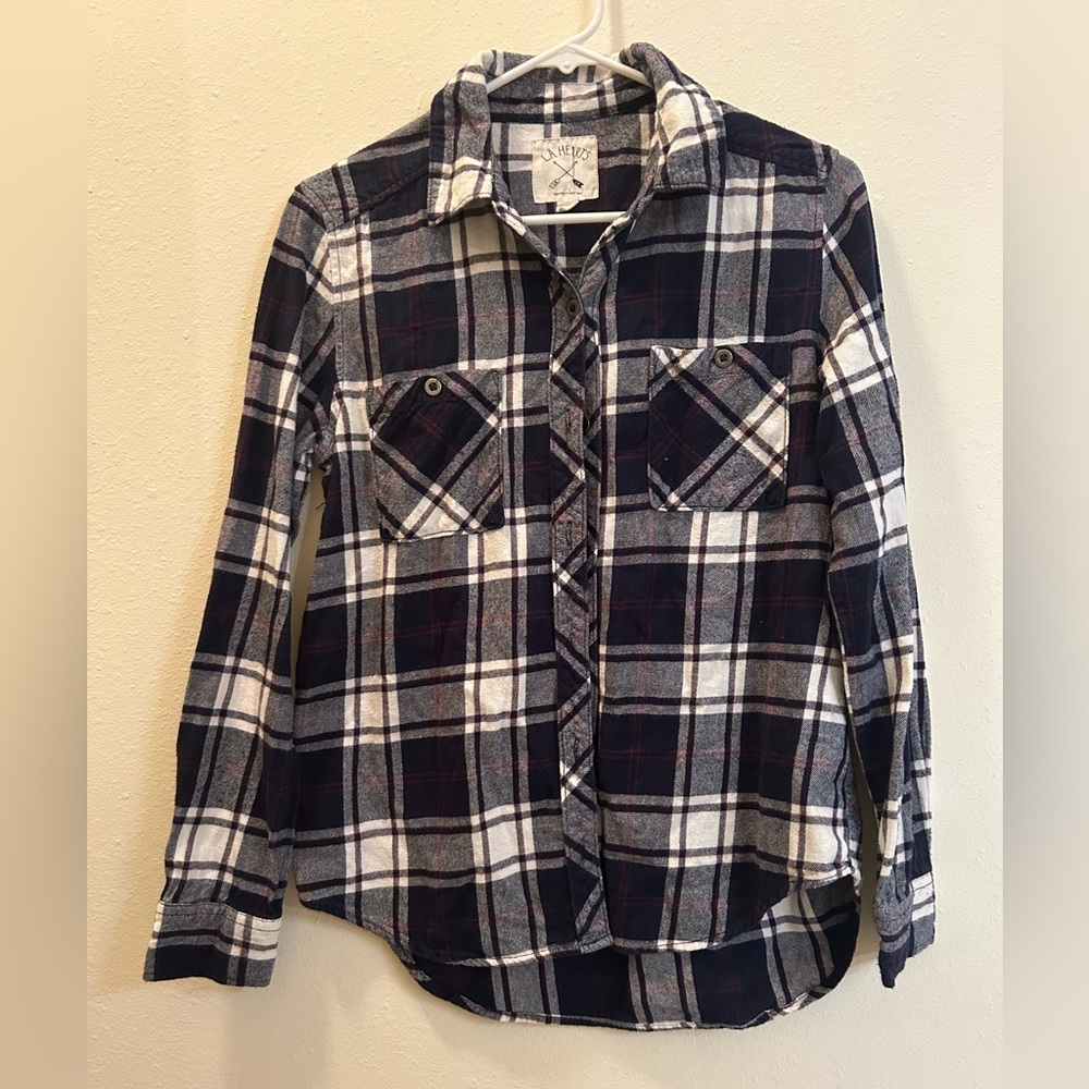 (S) Pacsun LA Hearts Navy/White Flannel Long Sleeve Button Down Shirt